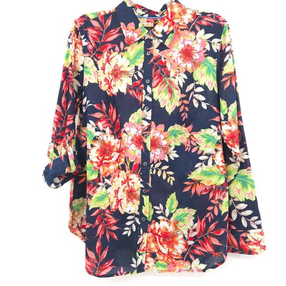 Talbots floral long sleeve button down Size M roll tab sleeves 100% cotton - Picture 1 of 9